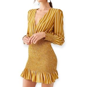 Forever 21 Striped‎ V-neck Long Sleeve Smocked Mini Dress​​​​